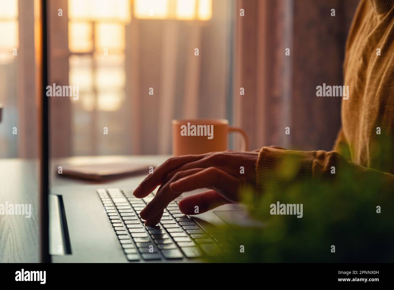 Primo piano delle mani maschili utilizzando un computer portatile che digita sulla tastiera nell'area di lavoro di casa contro la finestra al tramonto. Uomo libero professionista sul lavoro remoto che lavora da Foto Stock