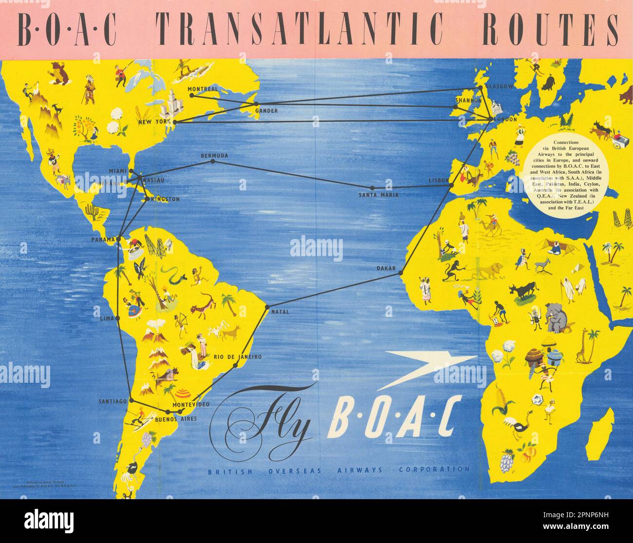 BOAC Transatlantic routes - Fly BOAC. Mappa grafica della rete di compagnie aeree 29'x37' 1950 Foto Stock