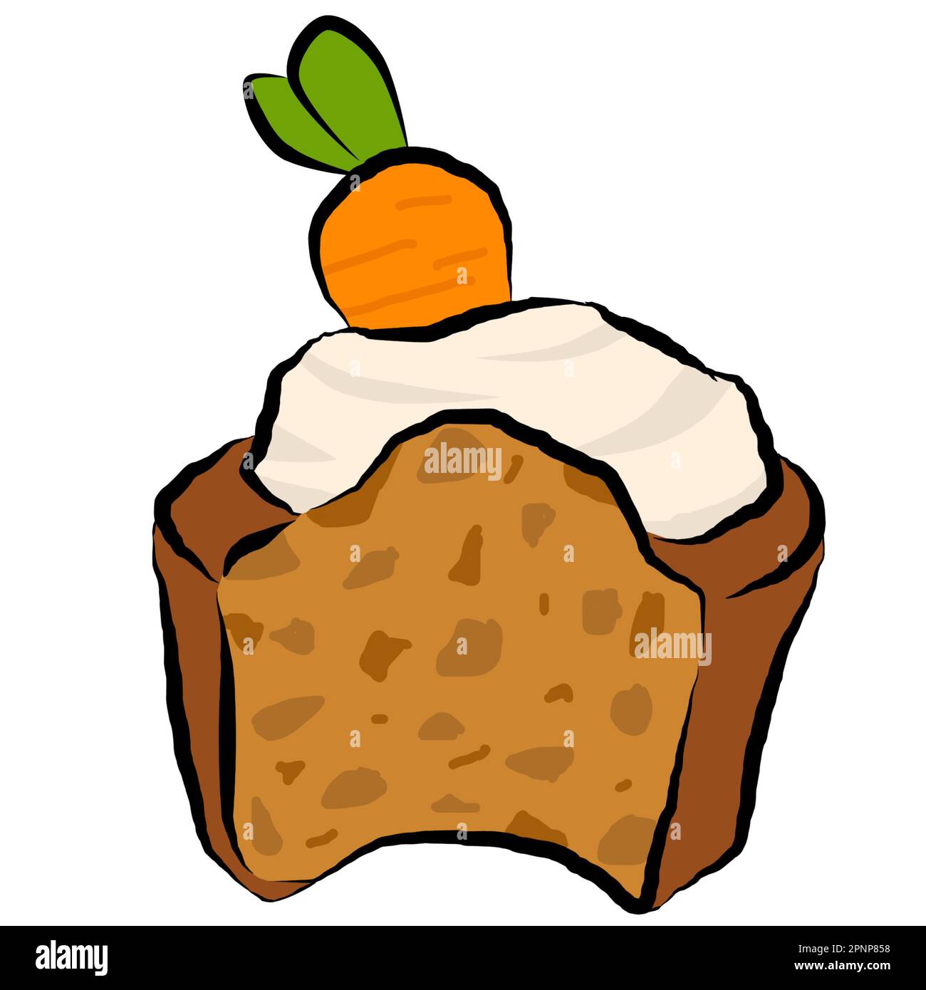 torta di carote isolata disegnata a mano, torta di carote con crema di formaggio glassa e carota in alto, disegno di contorno, disegno a mano vettore linea art Foto Stock