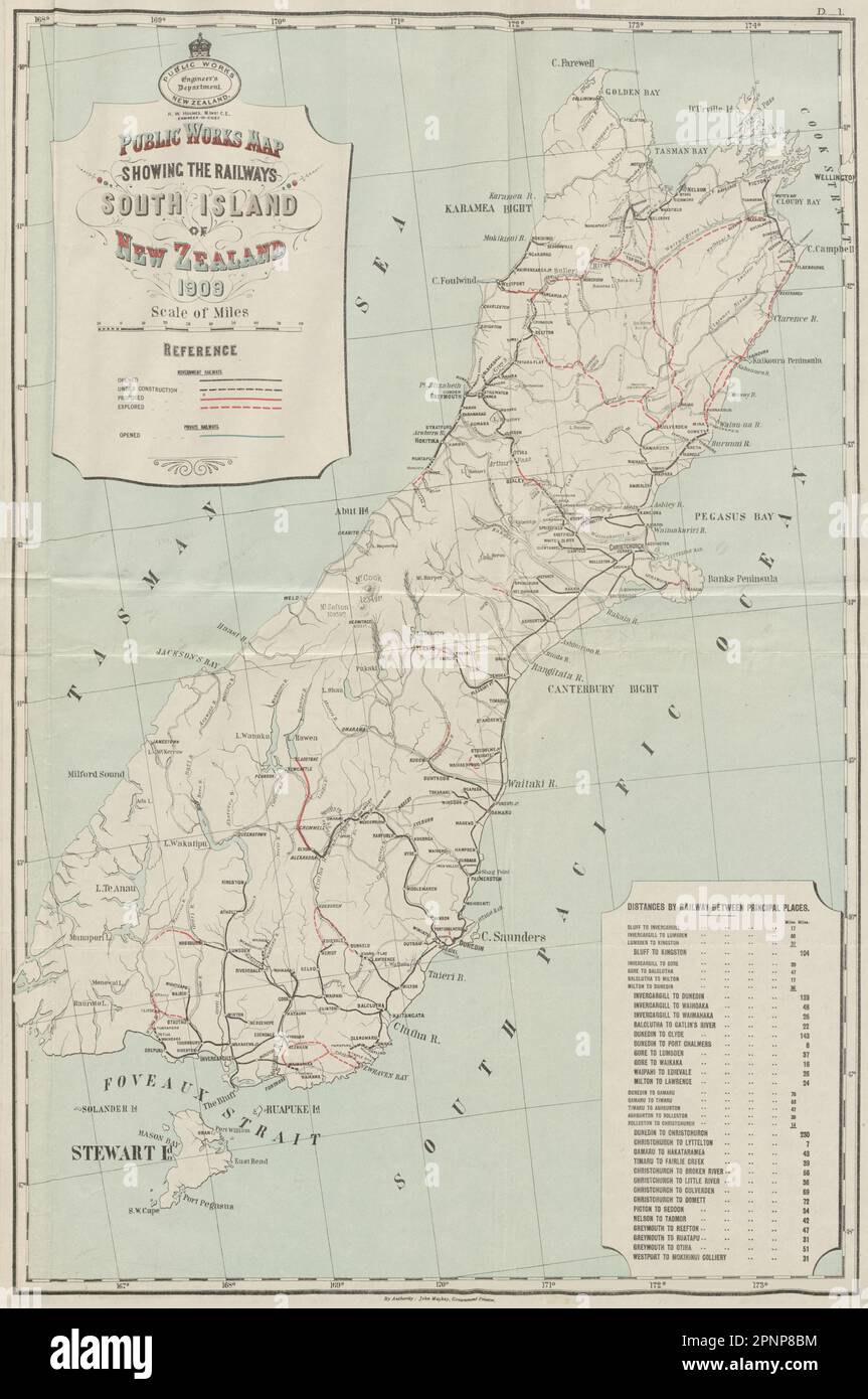 South Island Ferrovie della Nuova Zelanda. Apri la mappa proposta esplorata in corso 1909 Foto Stock