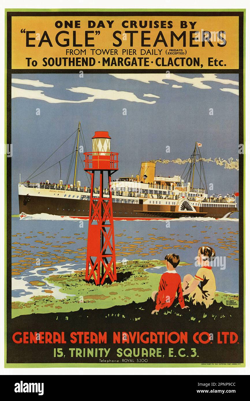 Crociere di un giorno a bordo di 'Eagle Steamers'. Dal Tower Pier tutti i giorni a Southend, Margate, Clacton ecc. di Harry Hudson Rodmell (1896-1984). Poster pubblicato nel 1935 nel Regno Unito. Foto Stock