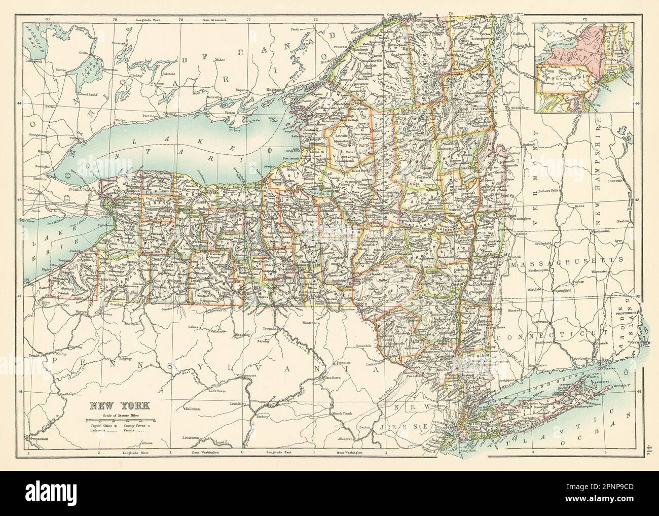 Mappa dello stato di New York che mostra le contee. BARTOLOMEO 1898 vecchia carta antica Foto Stock