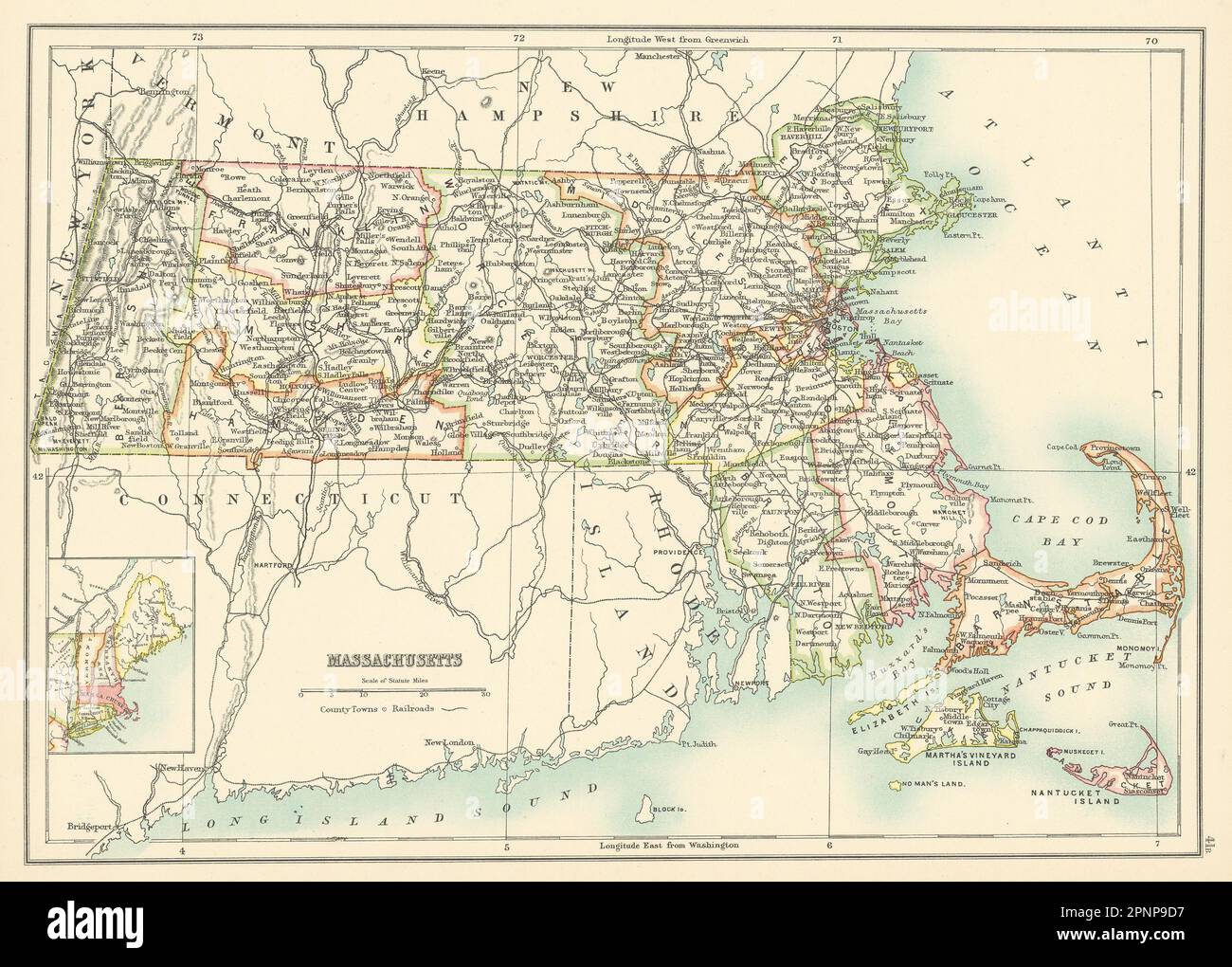 Mappa dello stato del Massachusetts che mostra le contee. BARTOLOMEO 1898 antico Foto Stock