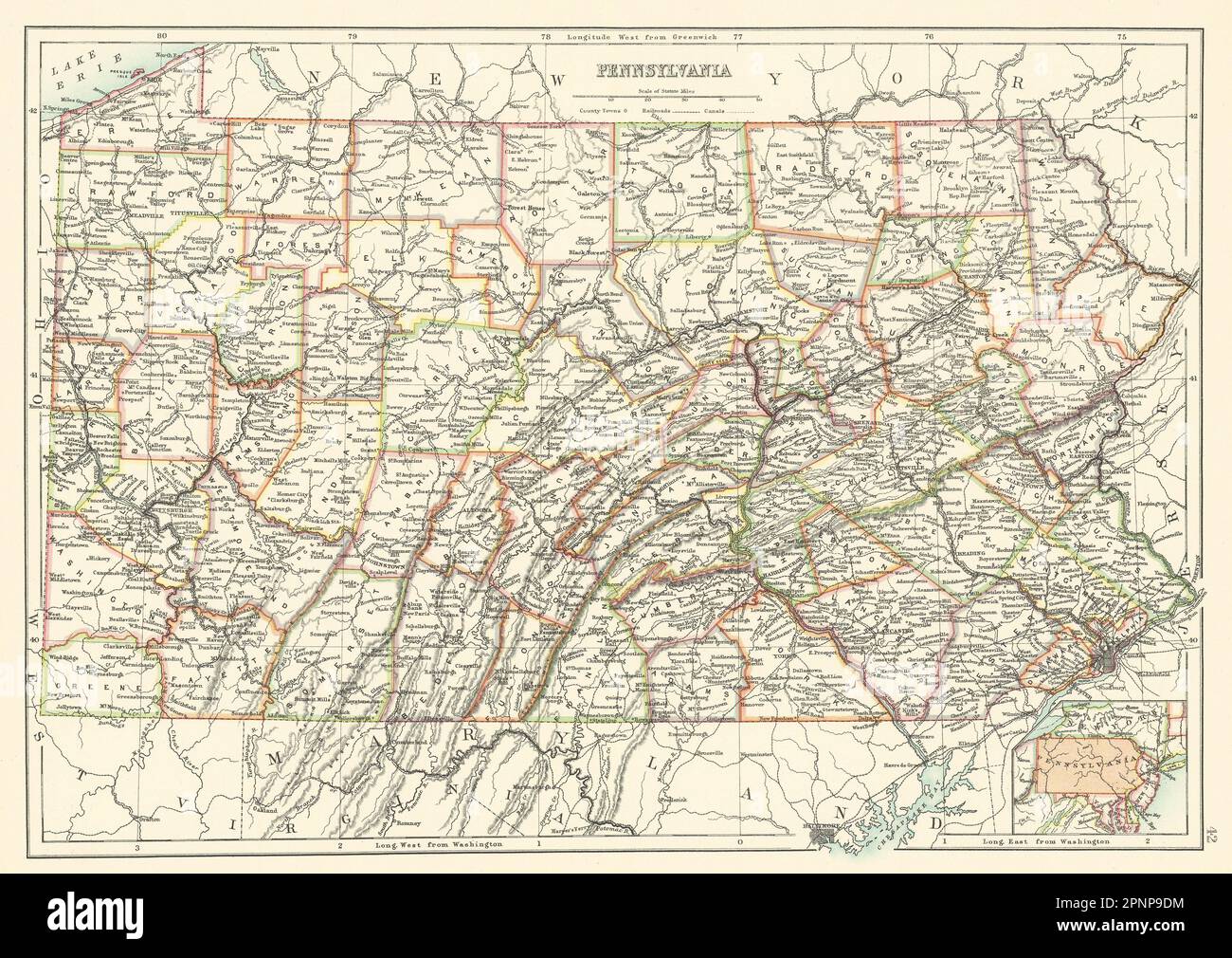Mappa dello stato della Pennsylvania che mostra le contee. BARTOLOMEO 1898 antico Foto Stock