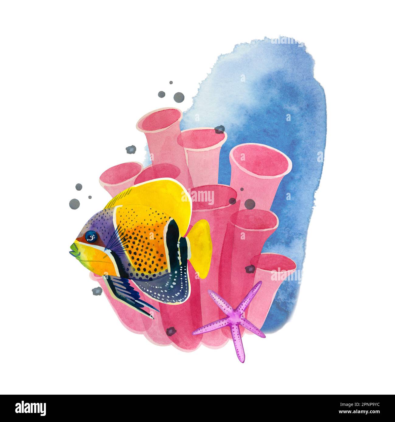 Composizione acquerello su sfondo bianco. Un maestoso pesce angelo giallo-blu sullo sfondo di corallo rosa, stelle marine e macchie blu. Foto Stock