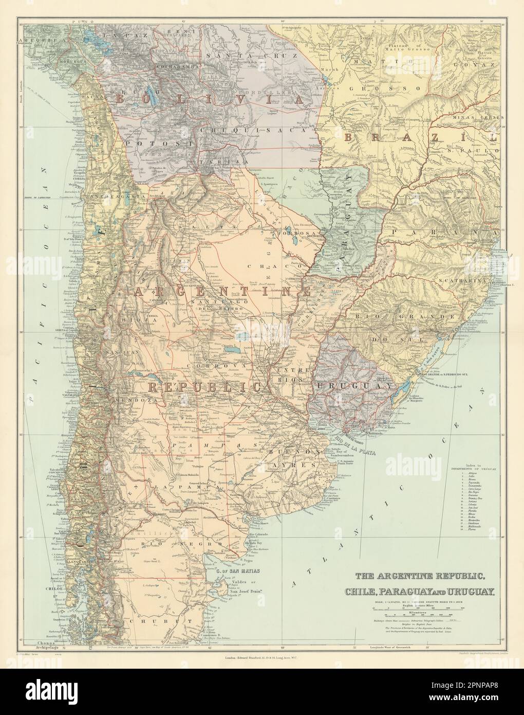 Repubblica Argentina, Cile, Paraguay e Uruguay. Sud America. STANFORD 1904 mappa Foto Stock
