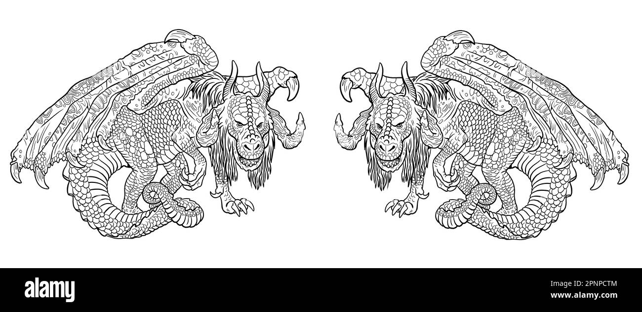 Pagina colorazione drago. Illustrazione fantasy con creatura mitica. Disegno drago da colorare foglio. Foto Stock