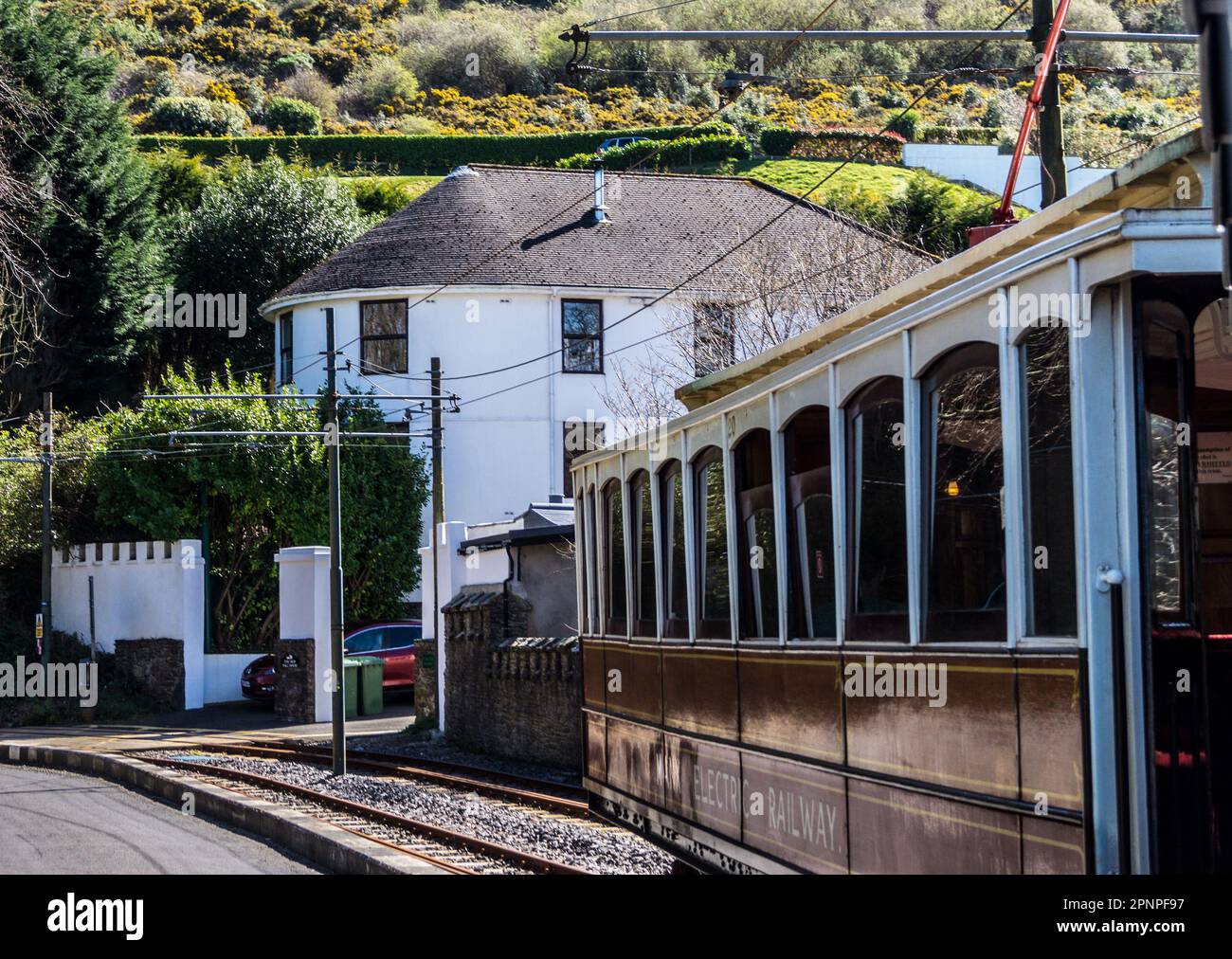 Vista dalla Manx Electric Railway a carrozza aperta, Douglas, Isola di Man Foto Stock