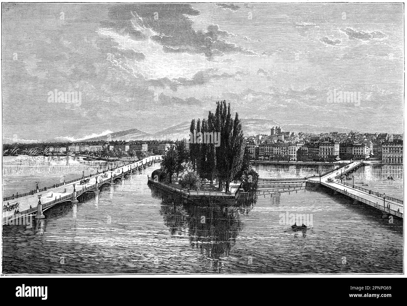 Genève / Ginevra è una città della Svizzera. Lago di Ginevra. Incisione vintage dal libro 'Schweiz' di Woldemar Kadens / Carl von Friesen, 1882. Foto Stock
