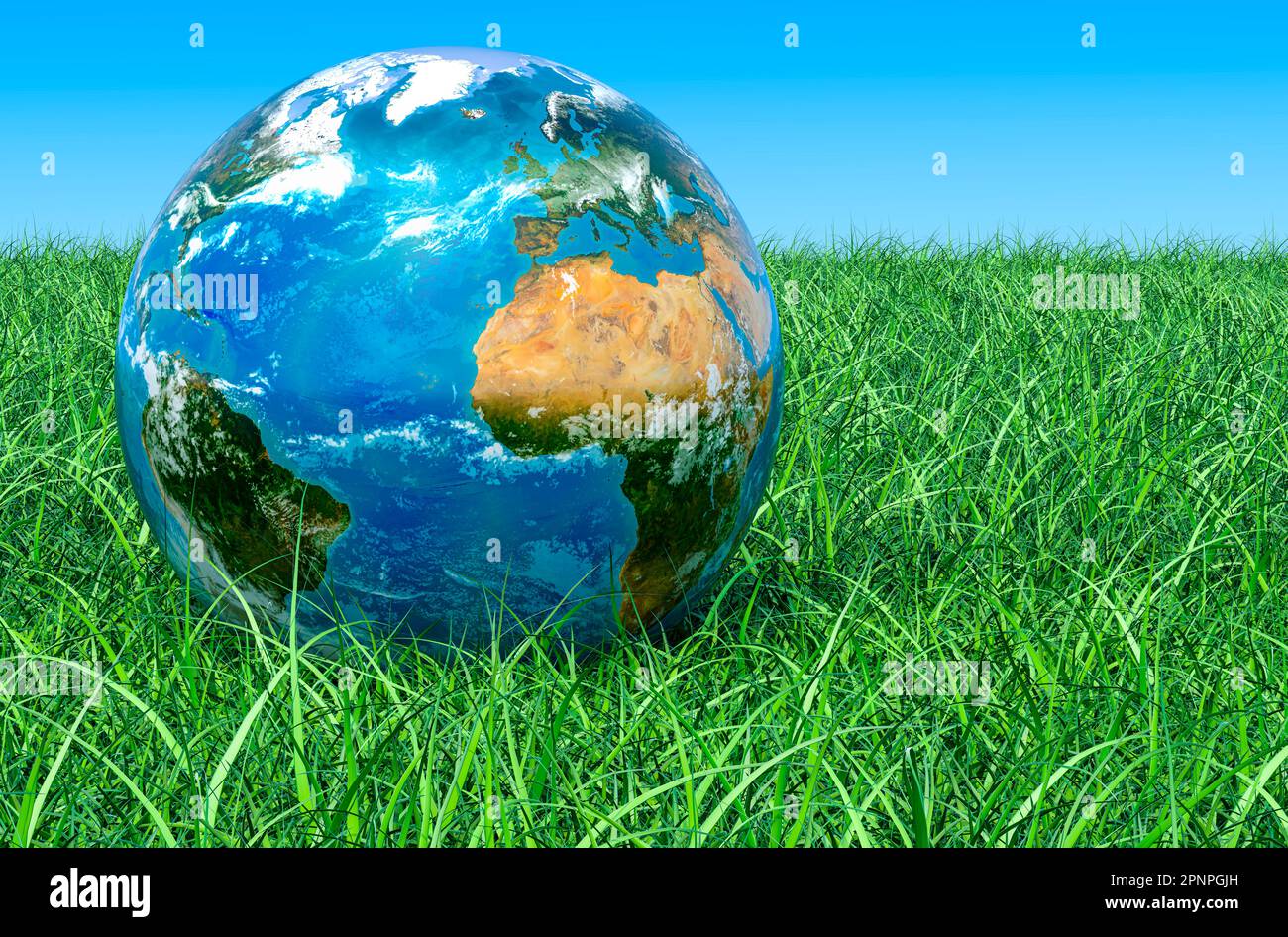 Terra Globe sull'erba verde contro il cielo blu, rendering 3D Foto Stock