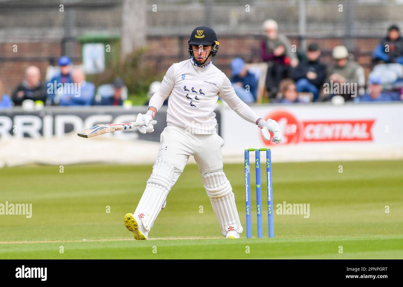 Hove UK 20th Aprile 2023 - Tom Haines del Sussex battendo contro lo Yorkshire durante la partita di cricket LV= Insurance County Championship al 1st Central County Ground di Hove : Credit Simon Dack /TPI/ Alamy Live News Foto Stock
