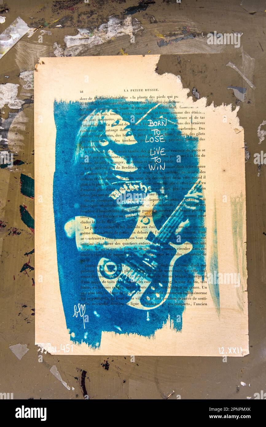 Poster della concertia rock utilizzando una falsa foto di cianotipo del chitarrista, Tours, Indre-et-Loire (37), Francia. Foto Stock