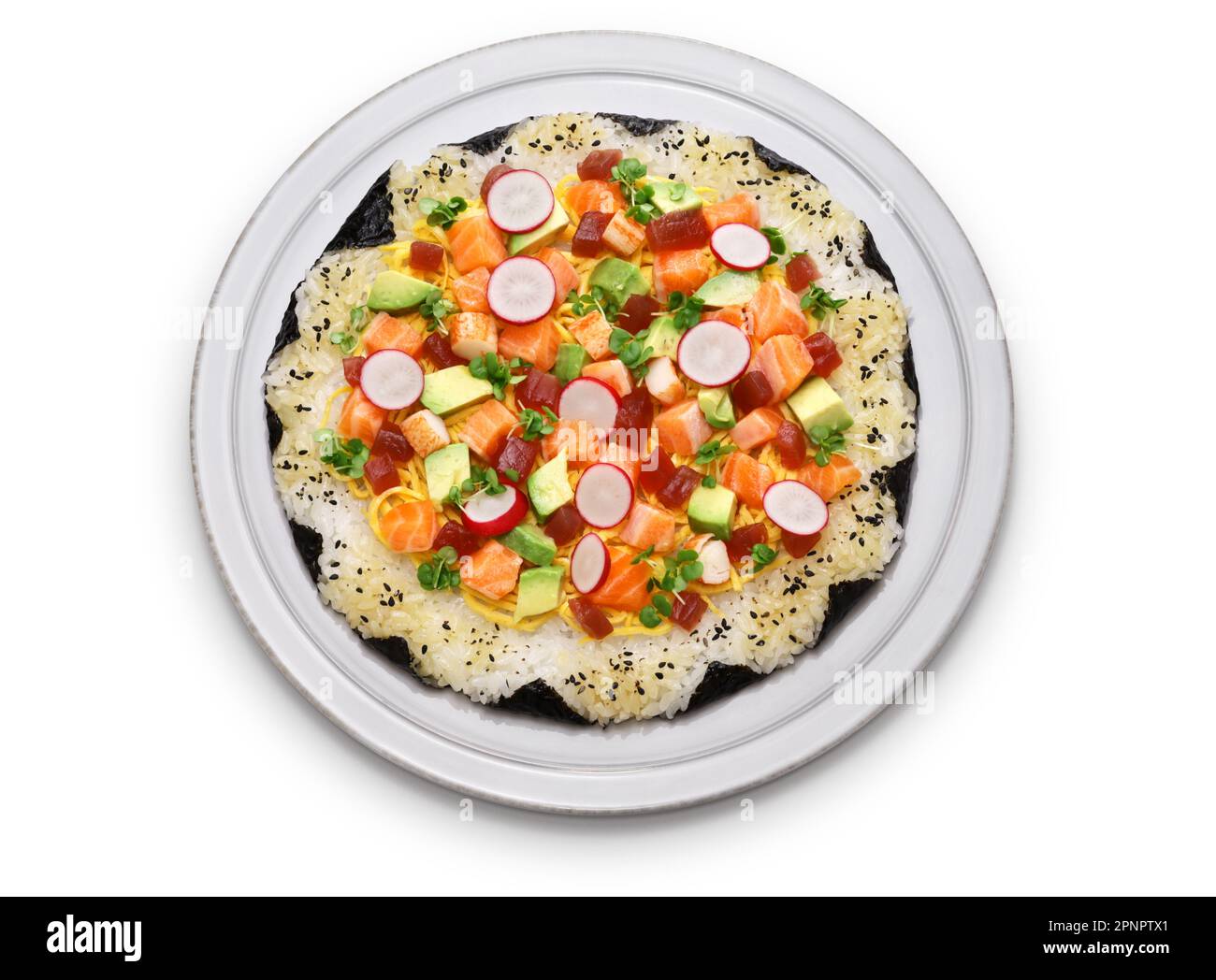 Pizza di sushi fatta in casa, sushi creativo originario di Toronto, Canada Foto Stock