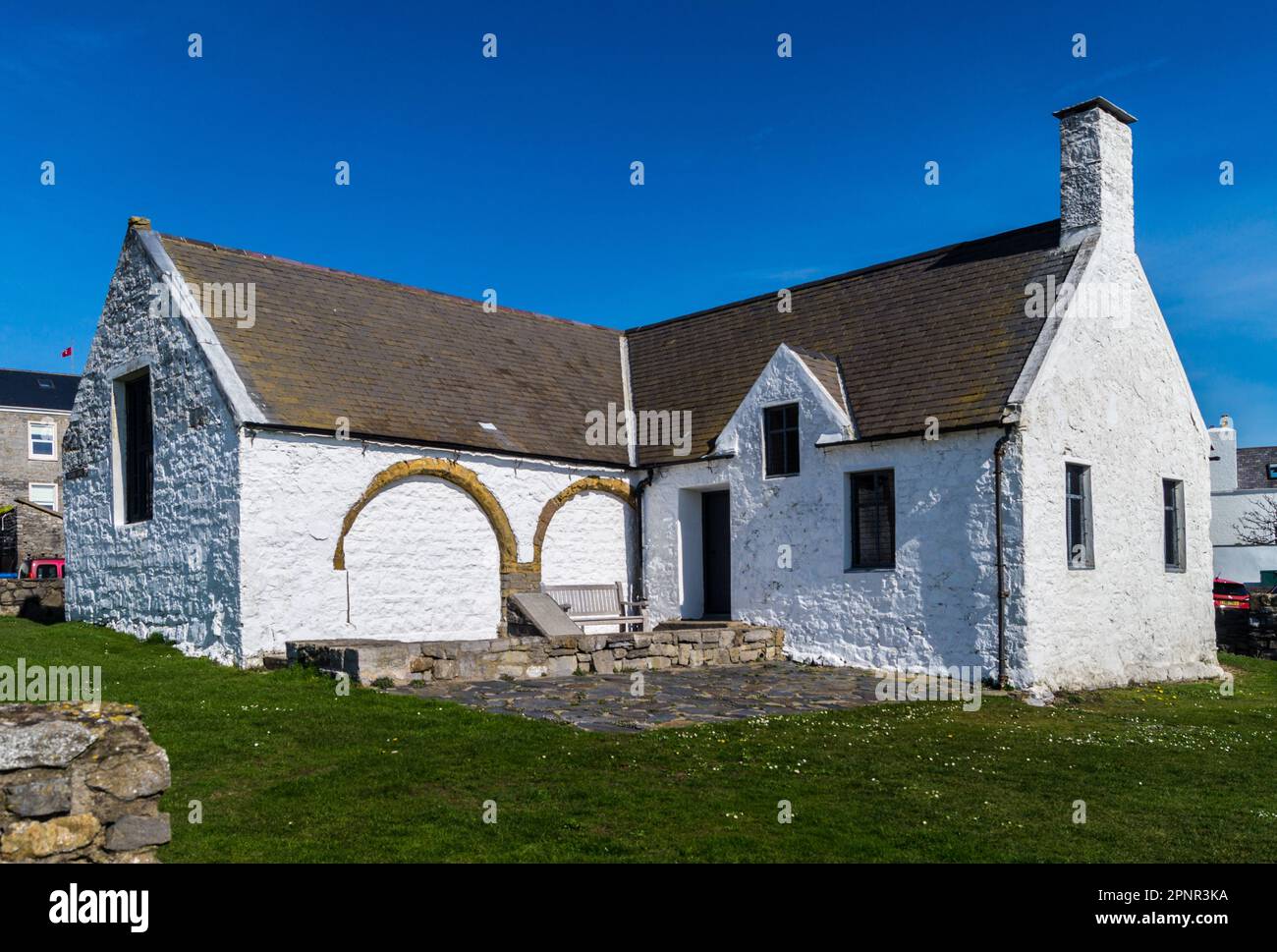 Old Grammar School, Yn Chenn Scoill Ghrammeyoys, 13th. Secolo, Castletown, Isola di Man Foto Stock