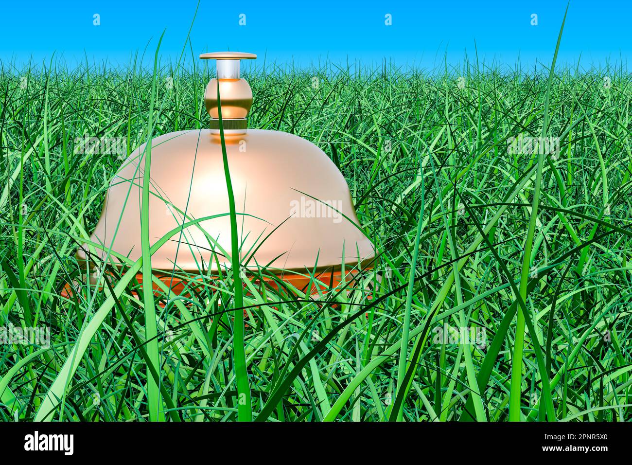 Campana della reception sull'erba verde contro il cielo blu, 3D rendering Foto Stock