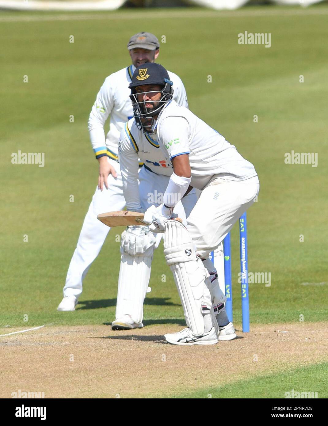 Hove UK 20th Aprile 2023 - Cheteshwar Pujara battendo per il Sussex contro lo Yorkshire durante la partita di cricket LV= Insurance County Championship al 1st Central County Ground di Hove : Credit Simon Dack /TPI/ Alamy Live News Foto Stock