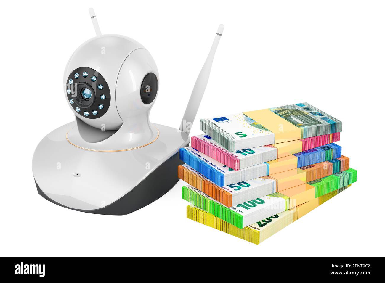 Videocamera Internet Protocol con euro pack, rendering 3D isolato su sfondo bianco Foto Stock