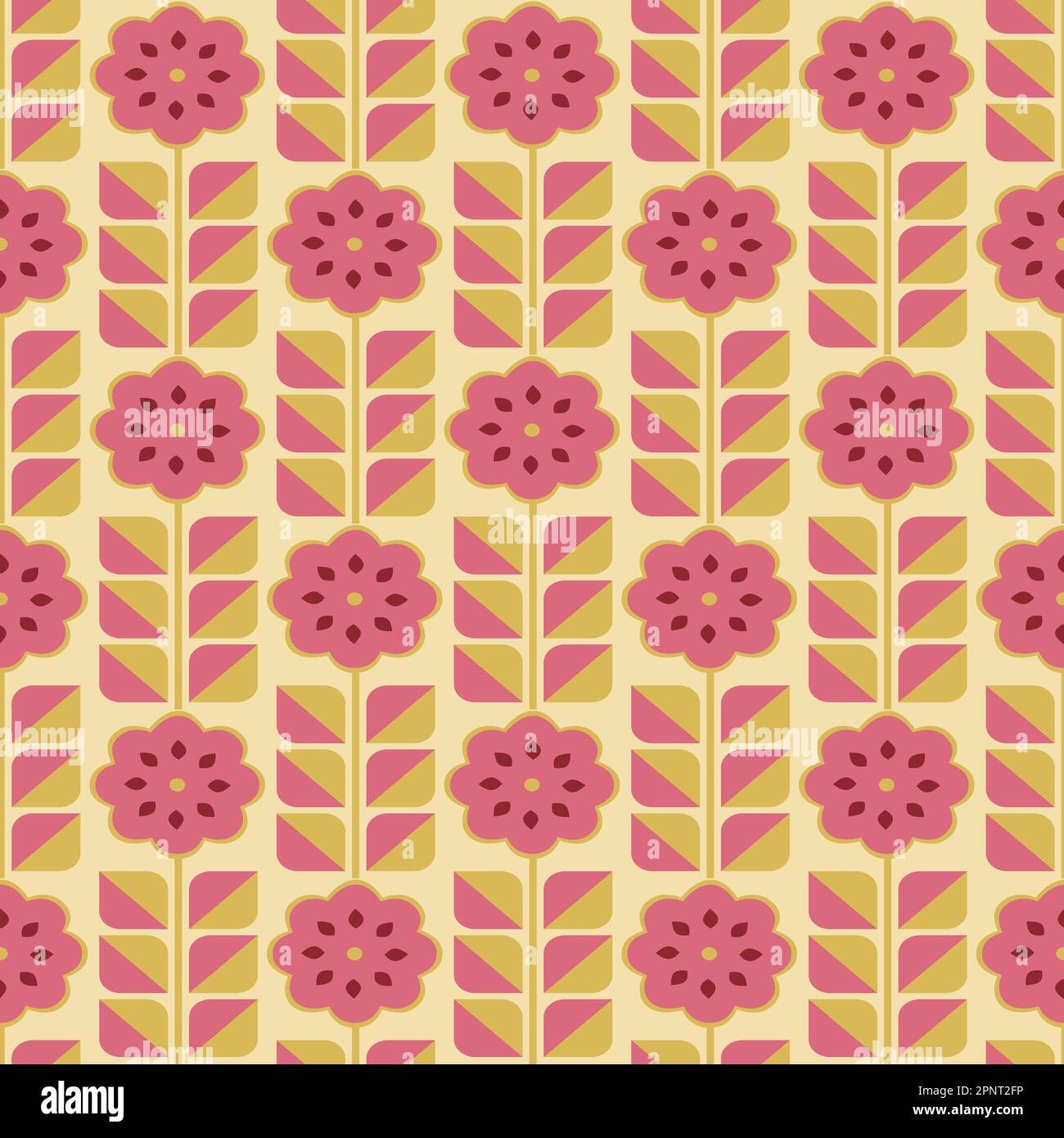 Motivo retrò senza cuciture con elementi floreali in stile scandinavo. Fiori geometrici stilizzati, 60s, 70s. progettazione di superfici, tessuti, carta, cartoleria. Illustrazione Vettoriale