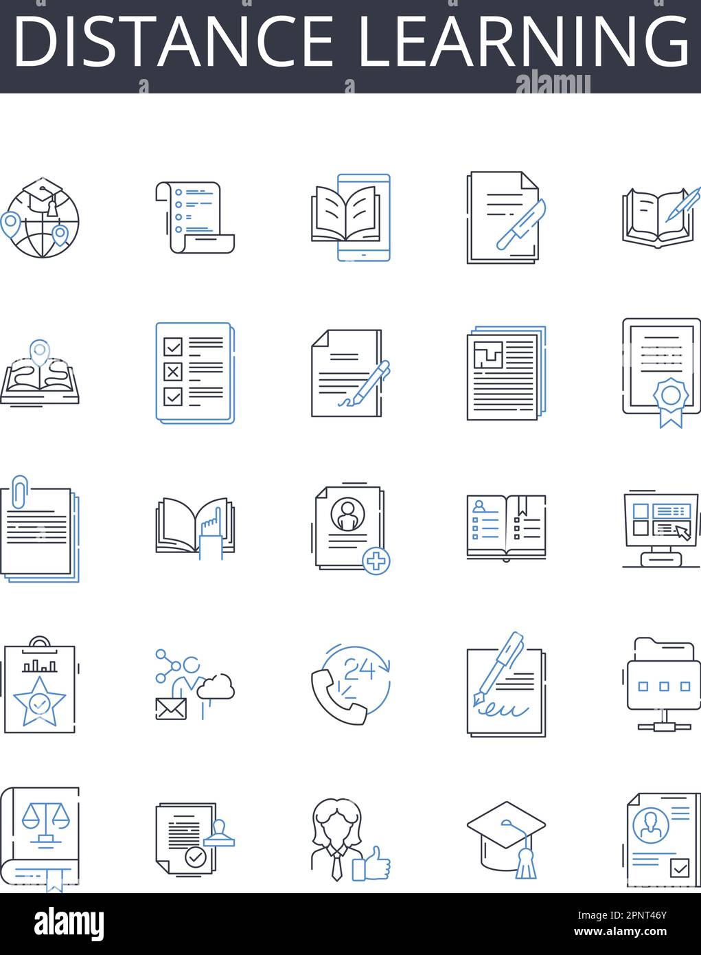 collezione di icone della linea di apprendimento a distanza. e-learning, istruzione virtuale, formazione online, istruzione remota, formazione basata sul web, curriculum digitale Illustrazione Vettoriale