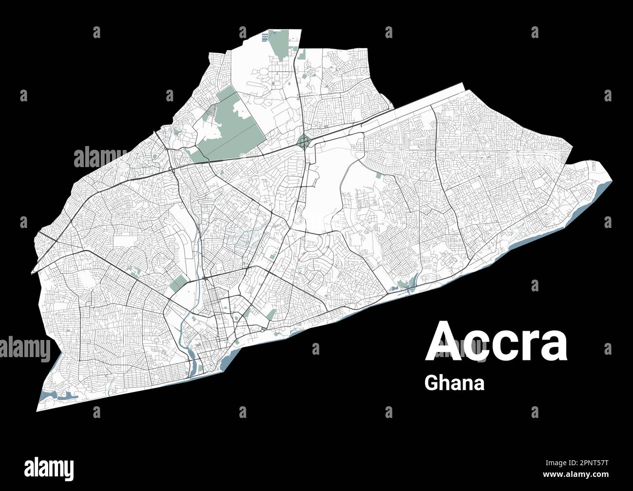 Accra mappa, capitale del Ghana. Mappa amministrativa comunale con fiumi e strade, parchi e ferrovie. Illustrazione vettoriale. Illustrazione Vettoriale
