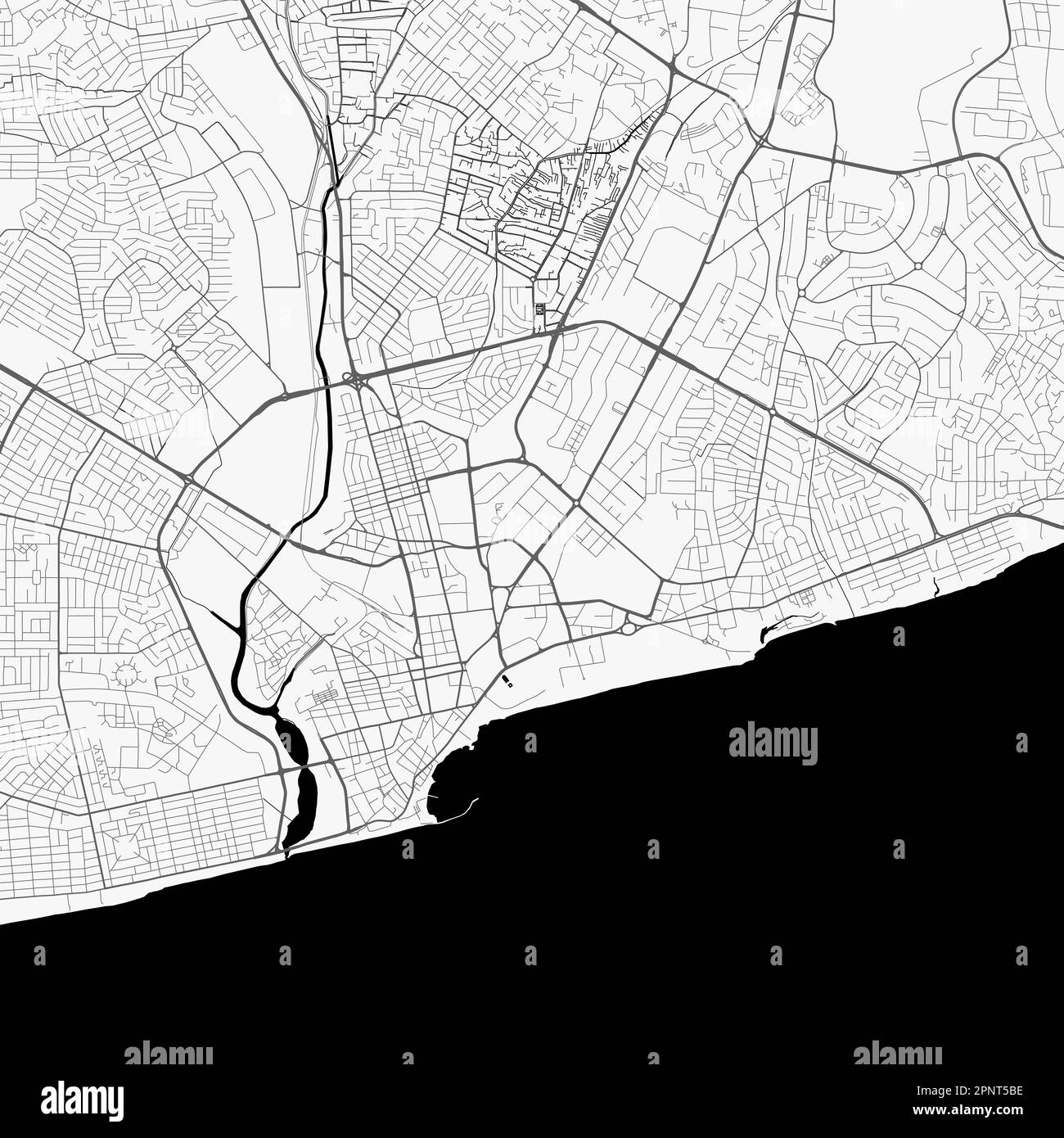 Mappa della città di Accra, Ghana. Poster in bianco e nero urbano. Immagine della mappa stradale con vista dell'area metropolitana. Illustrazione Vettoriale