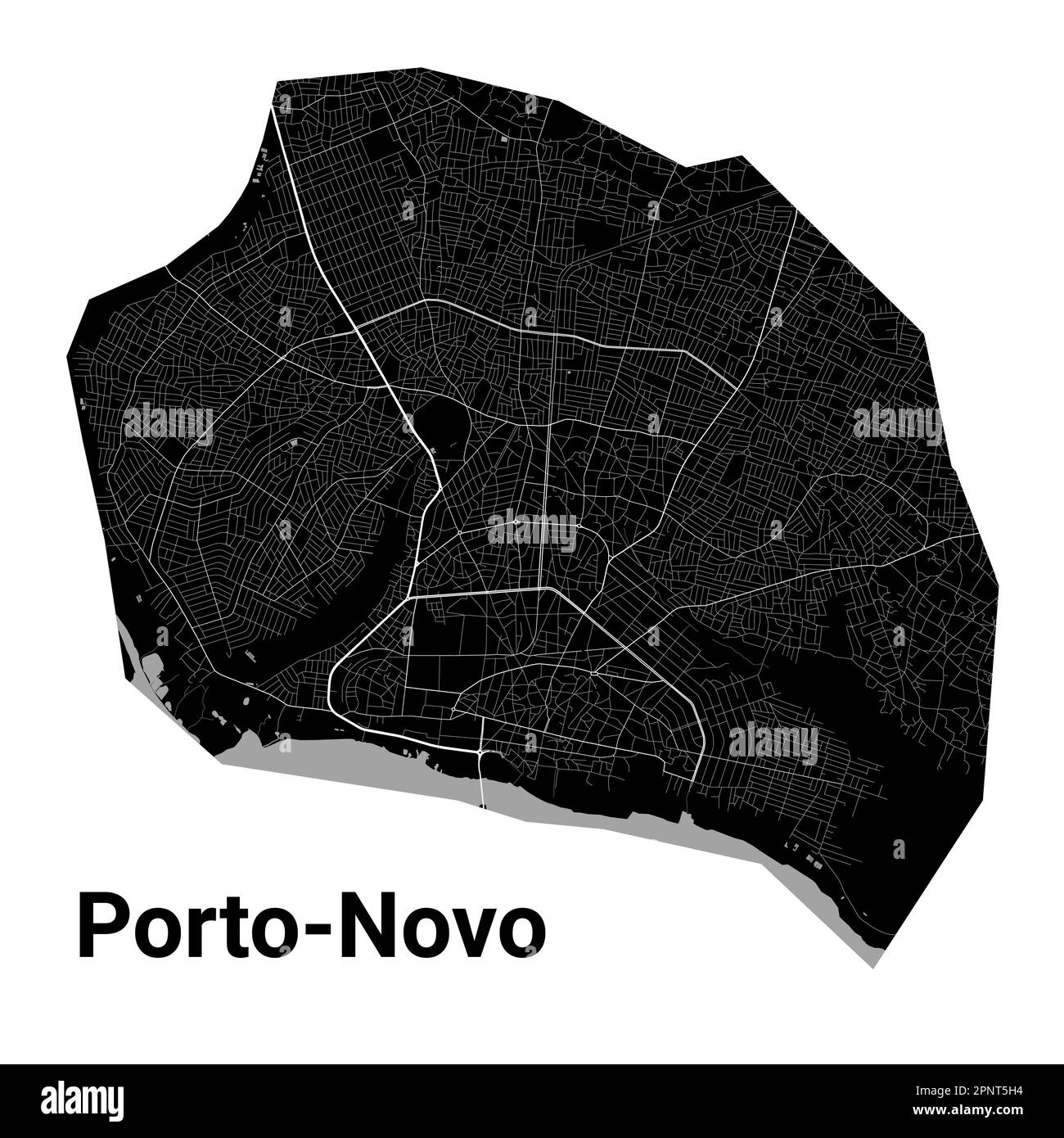 Porto-Novo, Benin mappa. Mappa nera dettagliata dell'area amministrativa della città di Porto-Novo. Poster sulla città con vista metropolitana sull'aria. Terra nera con strade bianche Illustrazione Vettoriale
