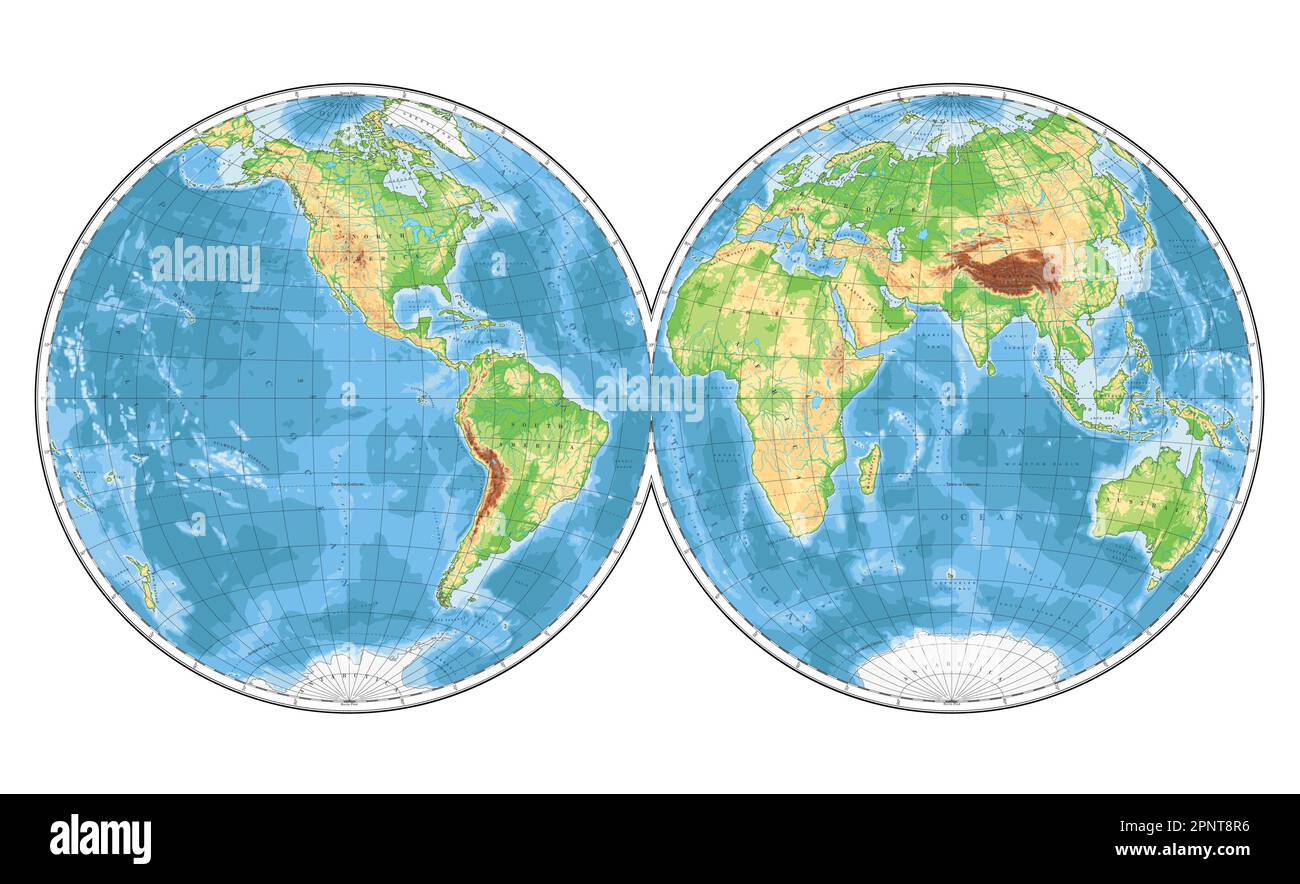 Mappa del mondo fisico altamente dettagliata in forma di globo della Terra. Proiezione globulare Nicolosi – piatta. Illustrazione Vettoriale Mappa del mondo fisico altamente dettagliata in forma di globo della Terra. Proiezione globulare Nicolosi – piatta. Illustrazione Vettoriale