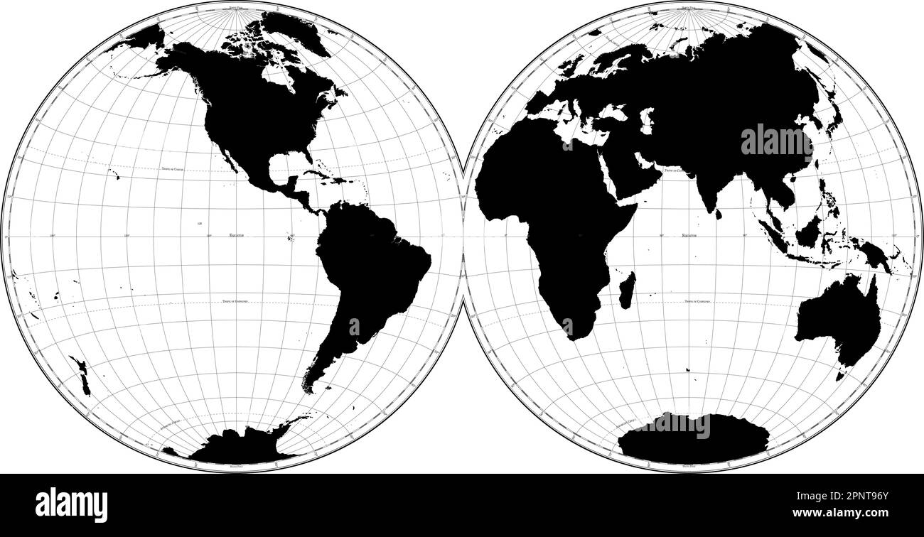 Silhouette della mappa mondiale estremamente dettagliata a forma di globo. Proiezione globulare Nicolosi – piatta. Illustrazione Vettoriale