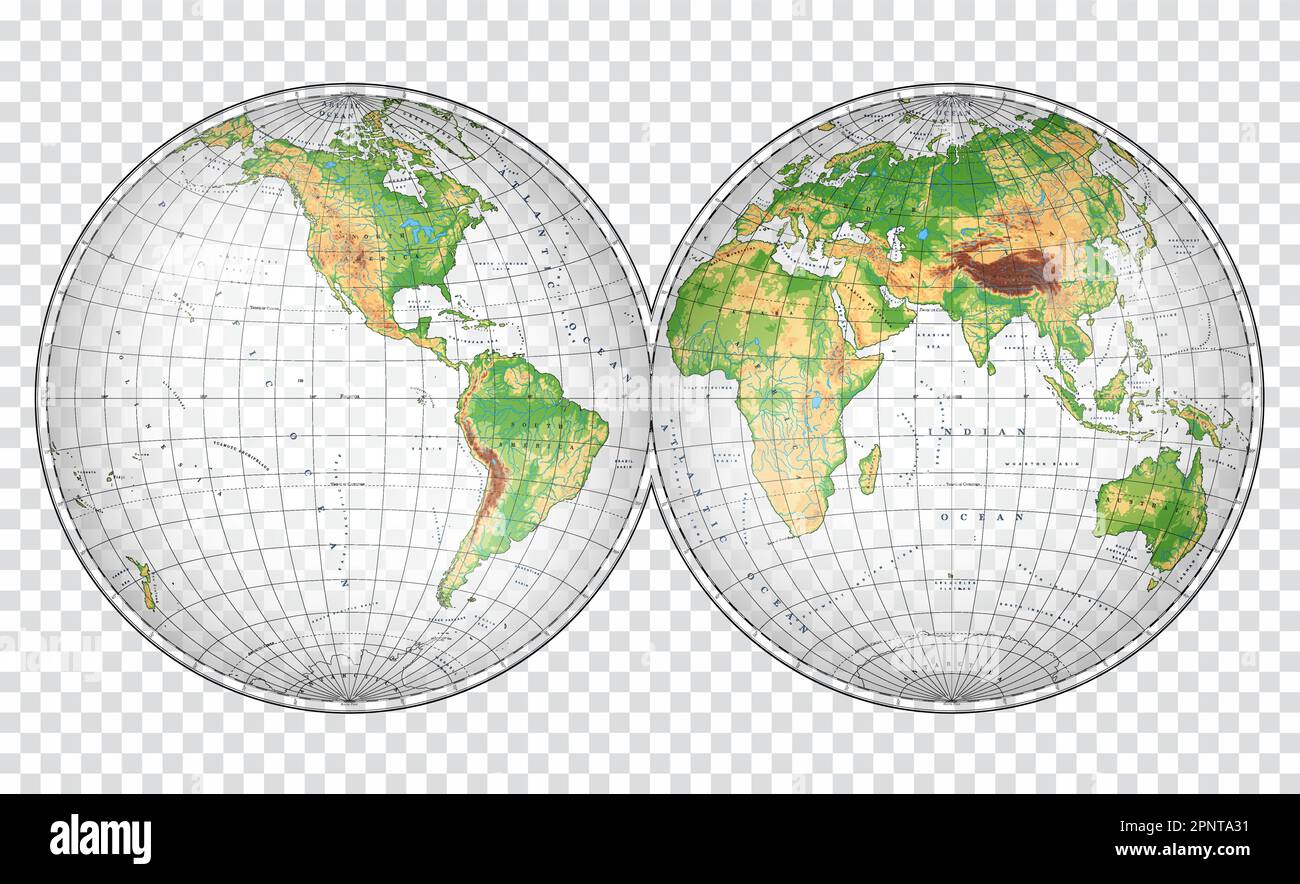 Mappa del mondo fisico altamente dettagliata in forma di globo della Terra. Proiezione globulare Nicolosi – 3D. Illustrazione Vettoriale Mappa del mondo fisico altamente dettagliata in forma di globo della Terra. Proiezione globulare Nicolosi – 3D. Illustrazione Vettoriale
