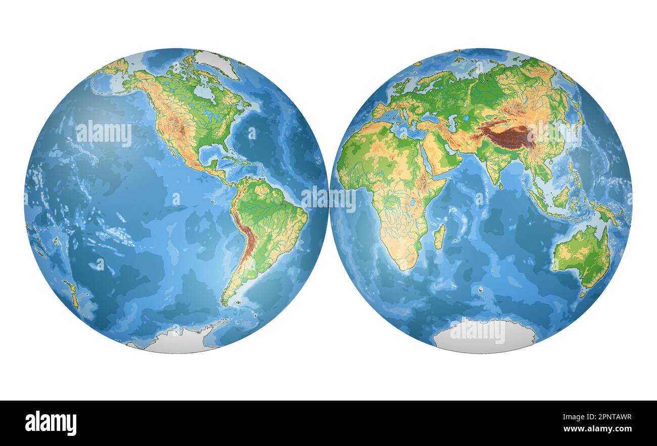 Mappa del mondo fisico altamente dettagliata in forma di globo della Terra. Proiezione globulare Nicolosi – 3D. Illustrazione Vettoriale Mappa del mondo fisico altamente dettagliata in forma di globo della Terra. Proiezione globulare Nicolosi – 3D. Illustrazione Vettoriale