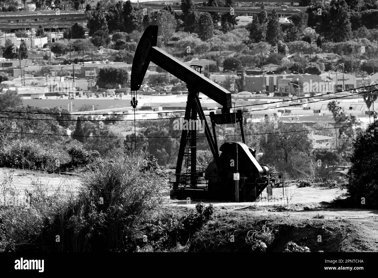 Inglewood, California, Stati Uniti. 19th Apr, 2023. Petroliere che estraggono petrolio greggio dal giacimento di petrolio di Inglewood. Los Angeles ospita il più grande numero di pozzi petroliferi urbani del mondo, con alcuni dei più antichi pozzi petroliferi in funzione tra Inglewood, Long Beach e Beverly Hills, che causano notevoli effetti sulla salute pubblica. Los Angeles City e Los Angeles County hanno entrambi votato per vietare la produzione di petrolio e la graduale eliminazione di Inglewood Oil Field.Oil è un combustibile fossile che si forma dai resti di antichi organismi marini. È una fonte di energia importante per il mondo, ed è utilizzata per generare elettri Foto Stock