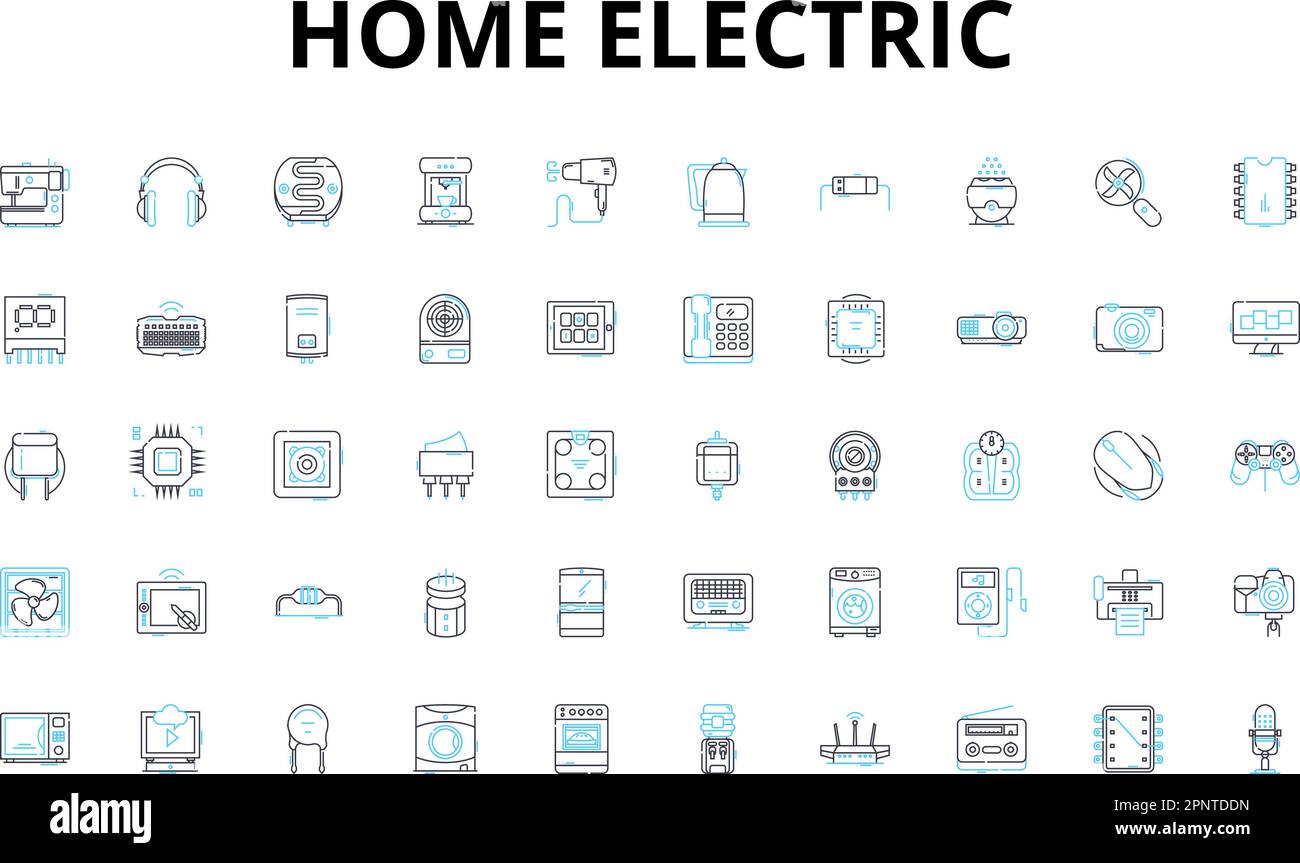Set icone lineari elettriche domestiche. Tensione, amperaggio, wattaggio, circuito, presa, Interruttore, fusione di simboli vettoriali e segnali di concetto di linea. Interruttore, messa a terra Illustrazione Vettoriale