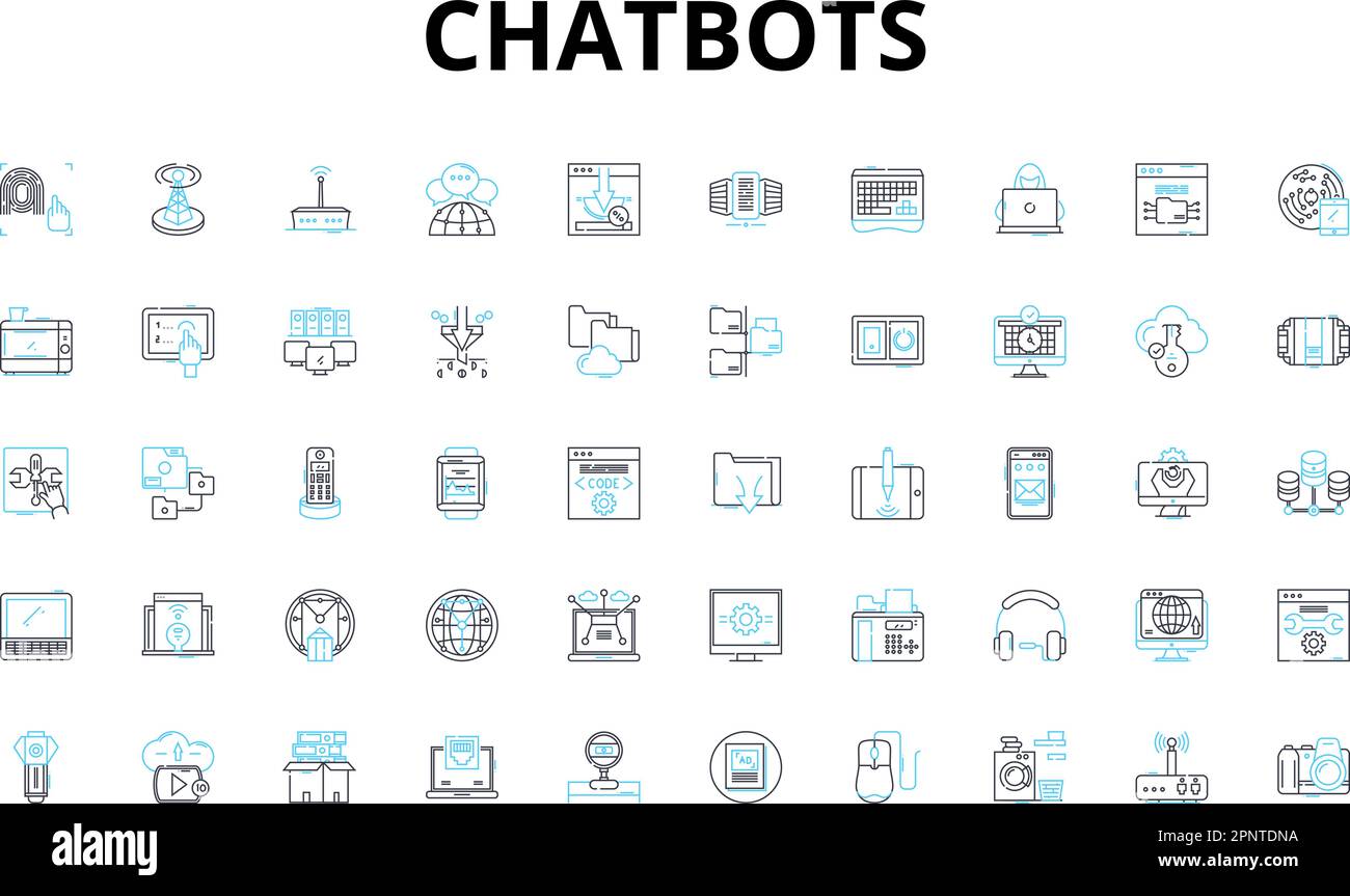 Icone lineari chatbot set. Automazione, conversazione, interazione, intelligenza, intelligenza artificiale, Assistenza, coinvolgimento di simboli vettoriali e segnali di concetto di linea. Utente Illustrazione Vettoriale