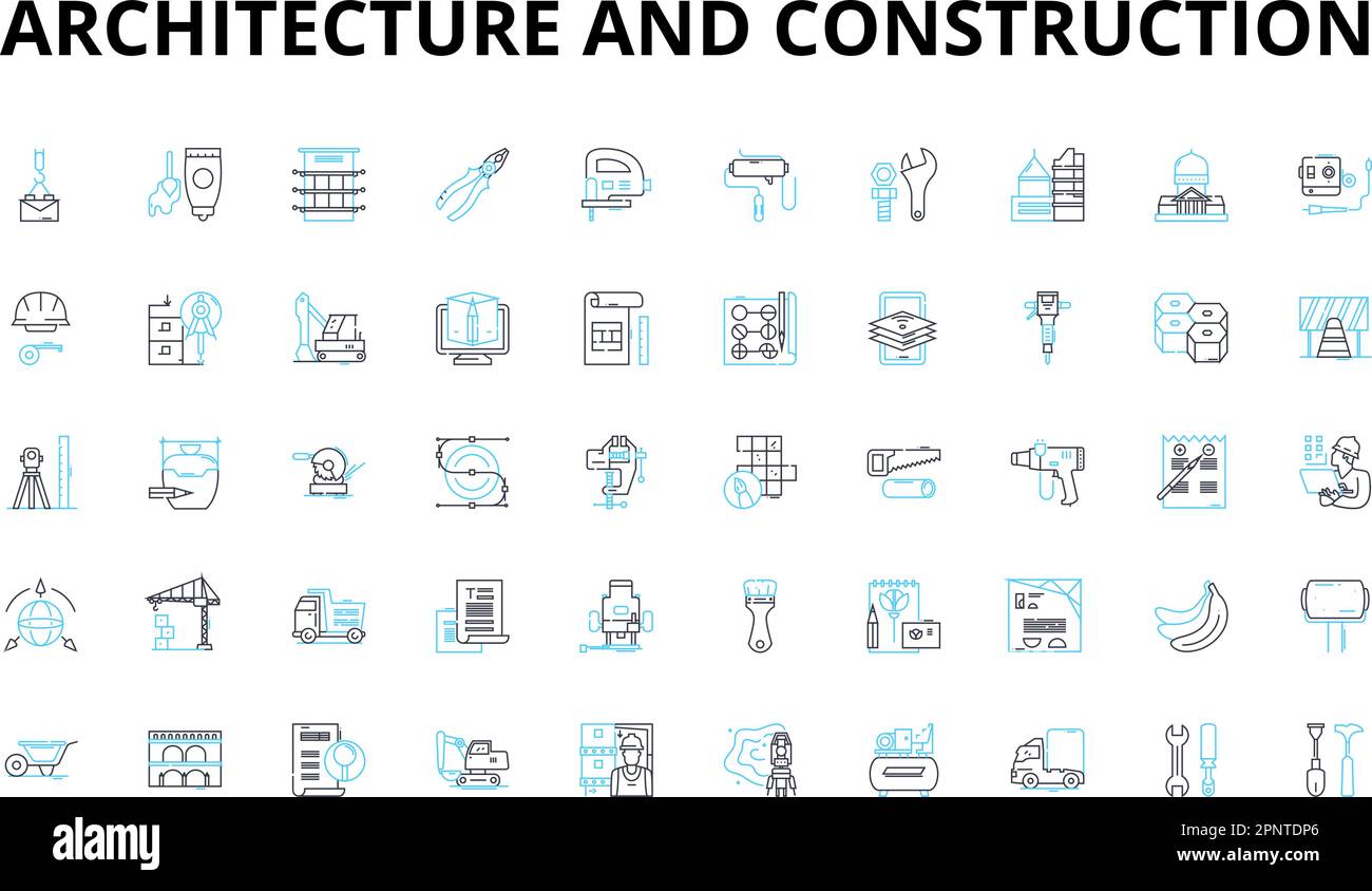 Architettura e costruzione icone lineari set. BluePrint, Fondazione, moderno, tradizionale, struttura, Design, simboli vettoriali e linee di innovazione Illustrazione Vettoriale