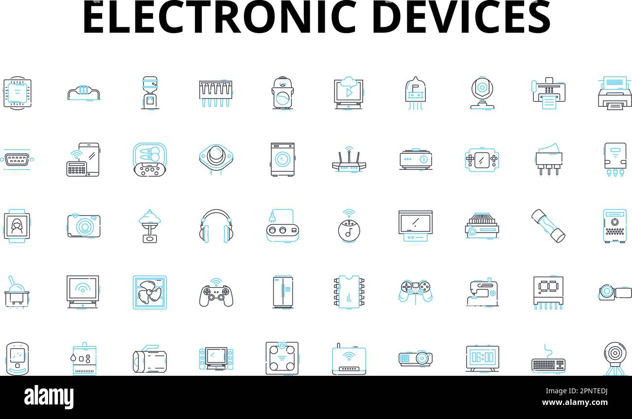 Set di icone lineari per dispositivi elettronici. Smartph, tablet, notebook, desktop, smartwatch, Headphs, Speakers Vector Symbols e Line Concept Signs. Fotocamera, Dr Illustrazione Vettoriale