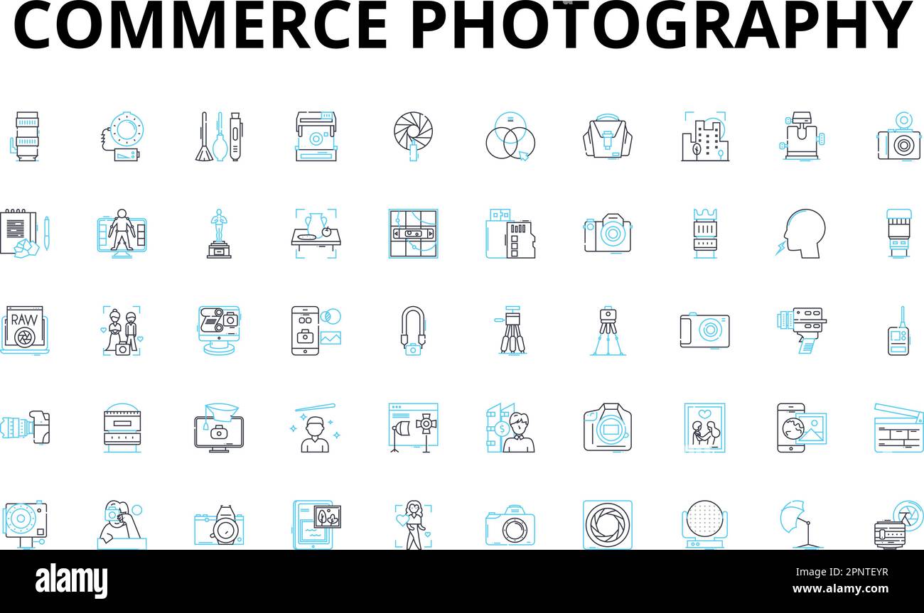 Icone lineari per fotografia commerciale. E-commerce, prodotto, pubblicità, mercato, vendite, Merchandising, simboli vettoriali e segnali di concetto di linea Illustrazione Vettoriale