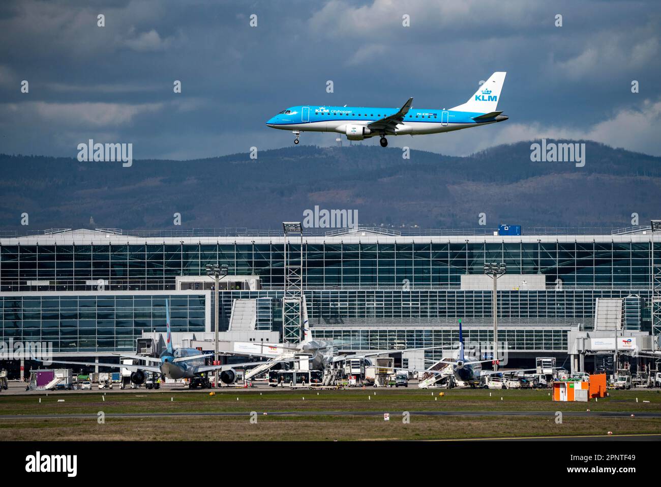 KLM Aircraft in avvicinamento all'aeroporto di Francoforte sul meno, sulla pista centrale, 25C/07C, terminal building, Hesse, Germania, Foto Stock