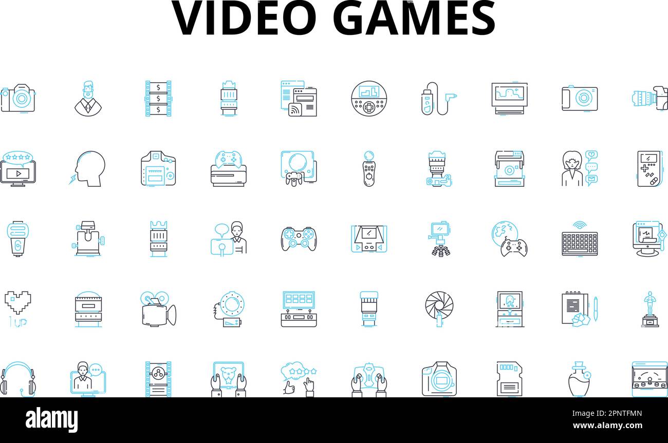 Set di icone lineari per videogiochi. Avventura, Console, eSport, Divertimento, gioco, Grafica, simboli vettoriali immersivi e segni di concetto di linea. Innovazione, MMO Illustrazione Vettoriale
