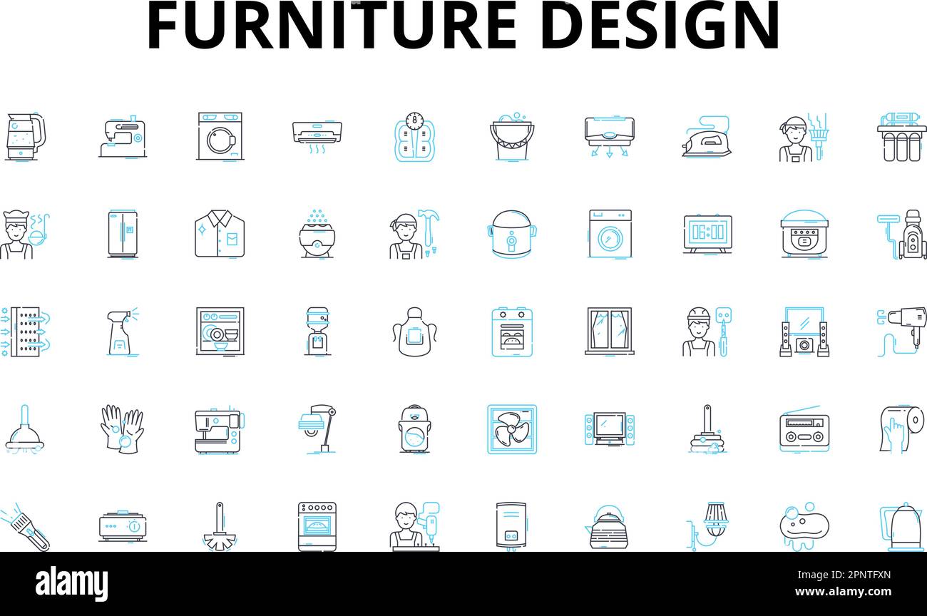 Set di icone lineari per il design di mobili. Ergonomia, minimalismo, modularità, sostenibilità, funzionalità, Estetica, artigianato simboli vettoriali e. Illustrazione Vettoriale