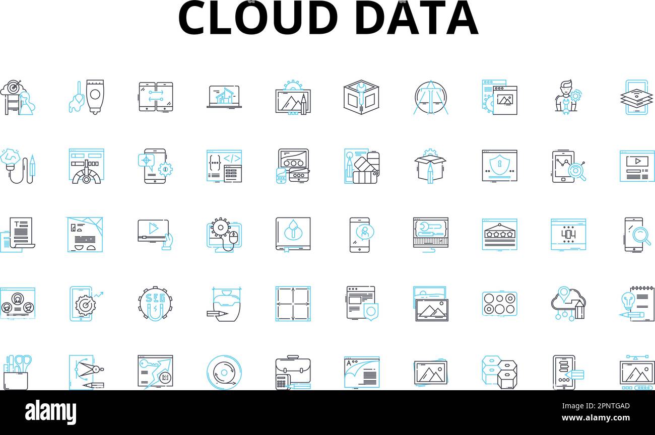 Set di icone lineari dei dati cloud. Sync, Backup, sicurezza, accessibilità, scalabilità, Flessibilità, simboli vettoriali di mobilità e segnali di concetto di linea Illustrazione Vettoriale