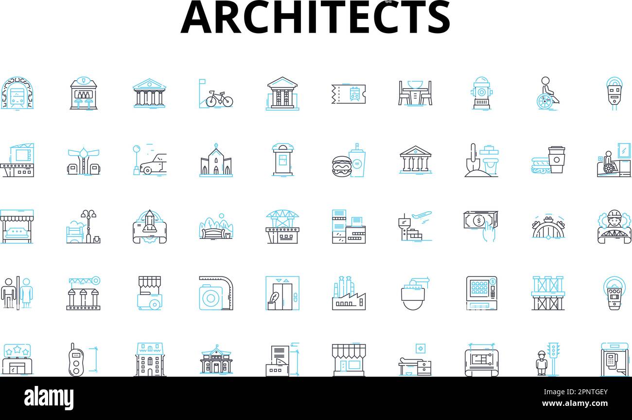 Set di icone lineari per architetti. Design, Blueprint, Edilizia, innovazione, Struttura, simboli vettoriali estetici e segni di concetto di linea Illustrazione Vettoriale