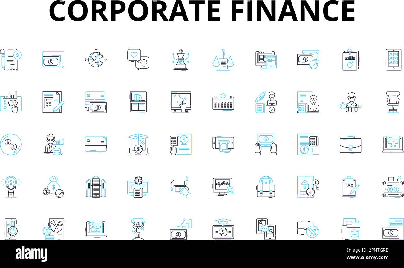 Set di icone lineari per la finanza aziendale. liquidità, valutazione, leva finanziaria, capitale, investimenti, simboli dei vettori di profitto, di flusso di cassa e di concetto di linea. debito Illustrazione Vettoriale