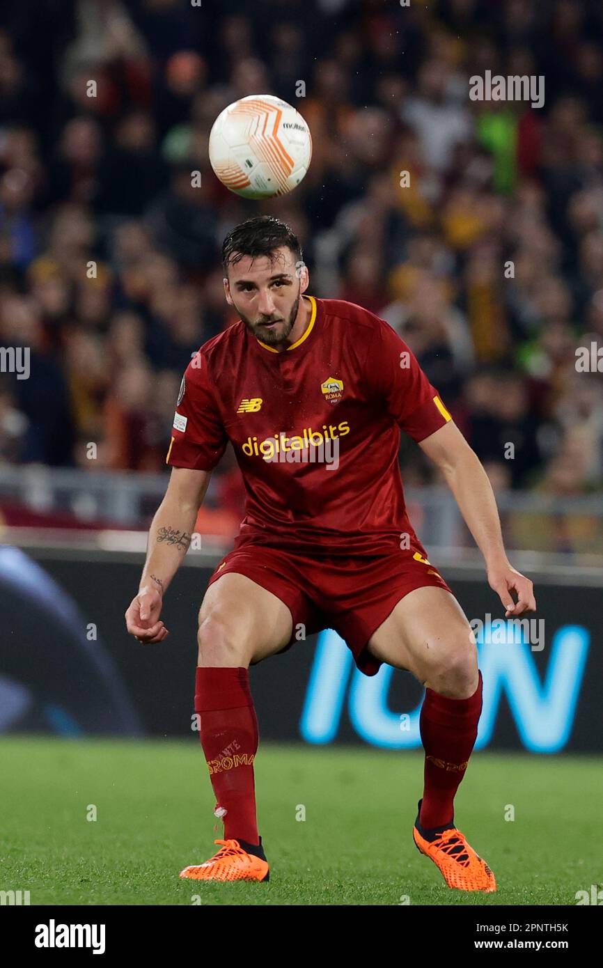 Roma, Italia. 20th Apr, 2023. Stadio Olimpico, Roma, Italia, 20 aprile 2023, Gianluca Mancini di AS Roma durante le finali trimestrali - Roma vs Feyenoord - calcio Europa League Match Credit: Live Media Publishing Group/Alamy Live News Foto Stock