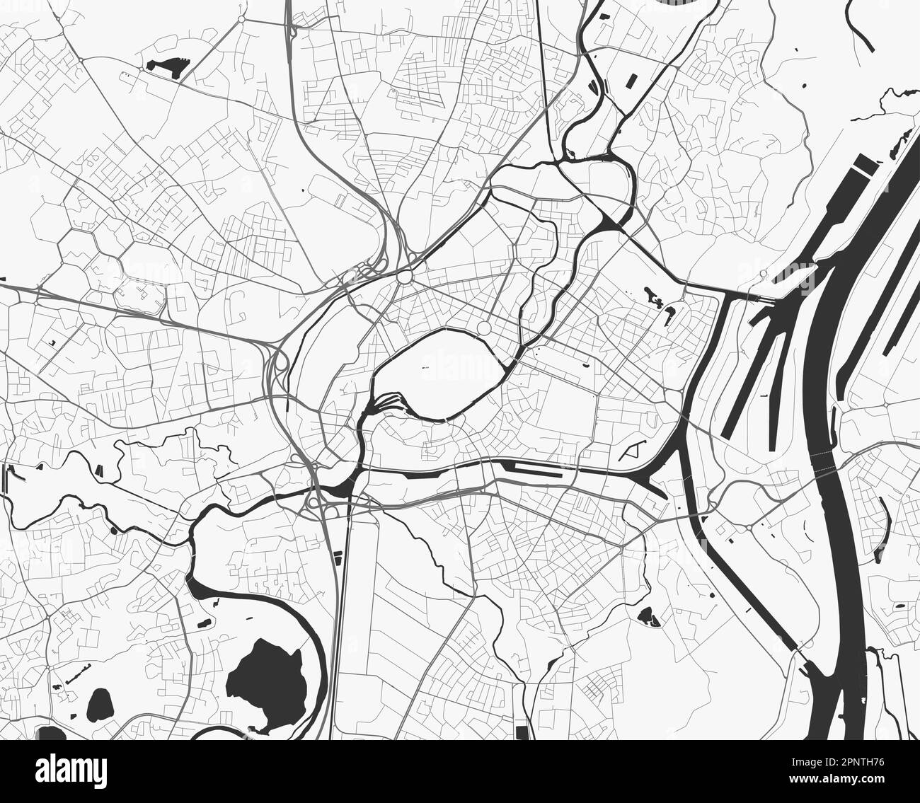 Mappa urbana di Strasburgo. Illustrazione vettoriale, poster della mappa di Strasburgo in scala di grigi. Immagine della mappa stradale con strade, vista dell'area metropolitana. Illustrazione Vettoriale