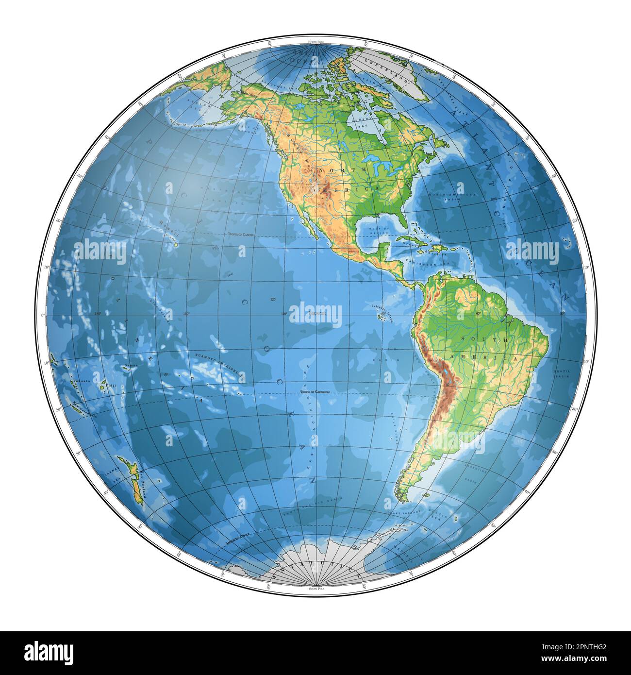 Mappa del mondo fisico altamente dettagliata in forma di globo della Terra. Proiezione globulare Nicolosi – 3D. Illustrazione Vettoriale