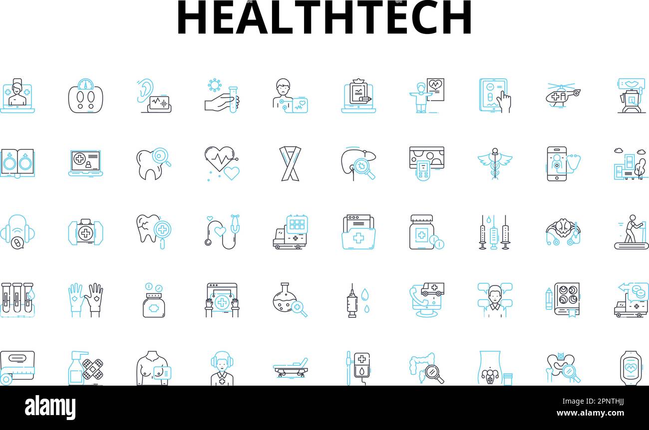 Set di icone lineari HealthTech. Telemedicine, indossabili, EHR, ai, realtà virtuale, Robotica, simboli vettoriali di nanotecnologia e segnali di concetto di linea Illustrazione Vettoriale