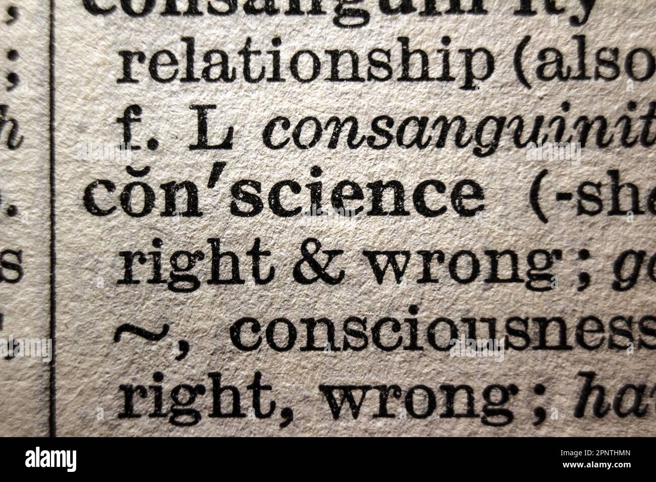 Definizione della parola coscienza sulla pagina del dizionario, primo piano Foto Stock