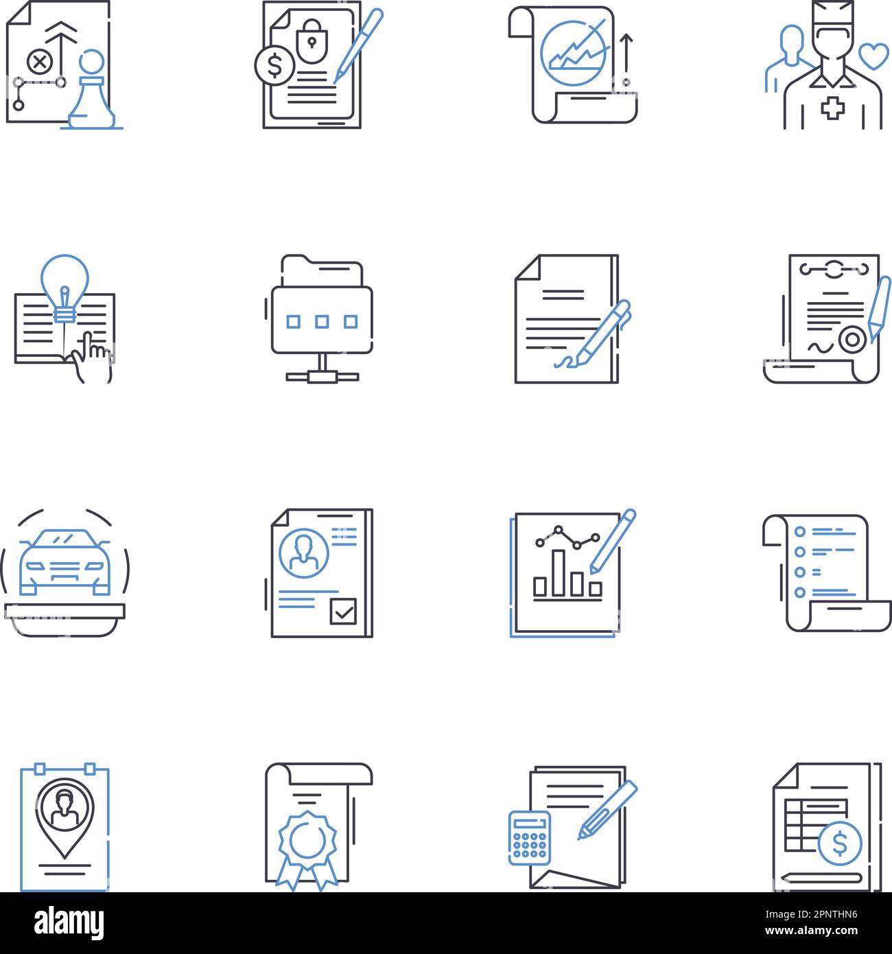 Raccolta delle icone della riga di responsabilità. Negligenza, rischio, obbligo, responsabilità, responsabilità, Danni, danni al vettore e illustrazione lineare. Incidenti Illustrazione Vettoriale
