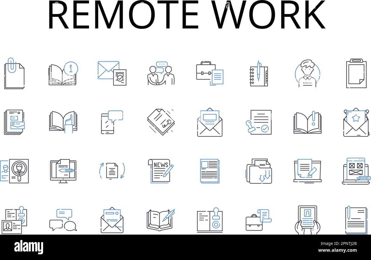 Raccolta di icone delle linee di lavoro remote. Apprendimento virtuale, acquisti online, Digital banking, gaming mobile, social nerking, Multitasking, motore di ricerca Illustrazione Vettoriale