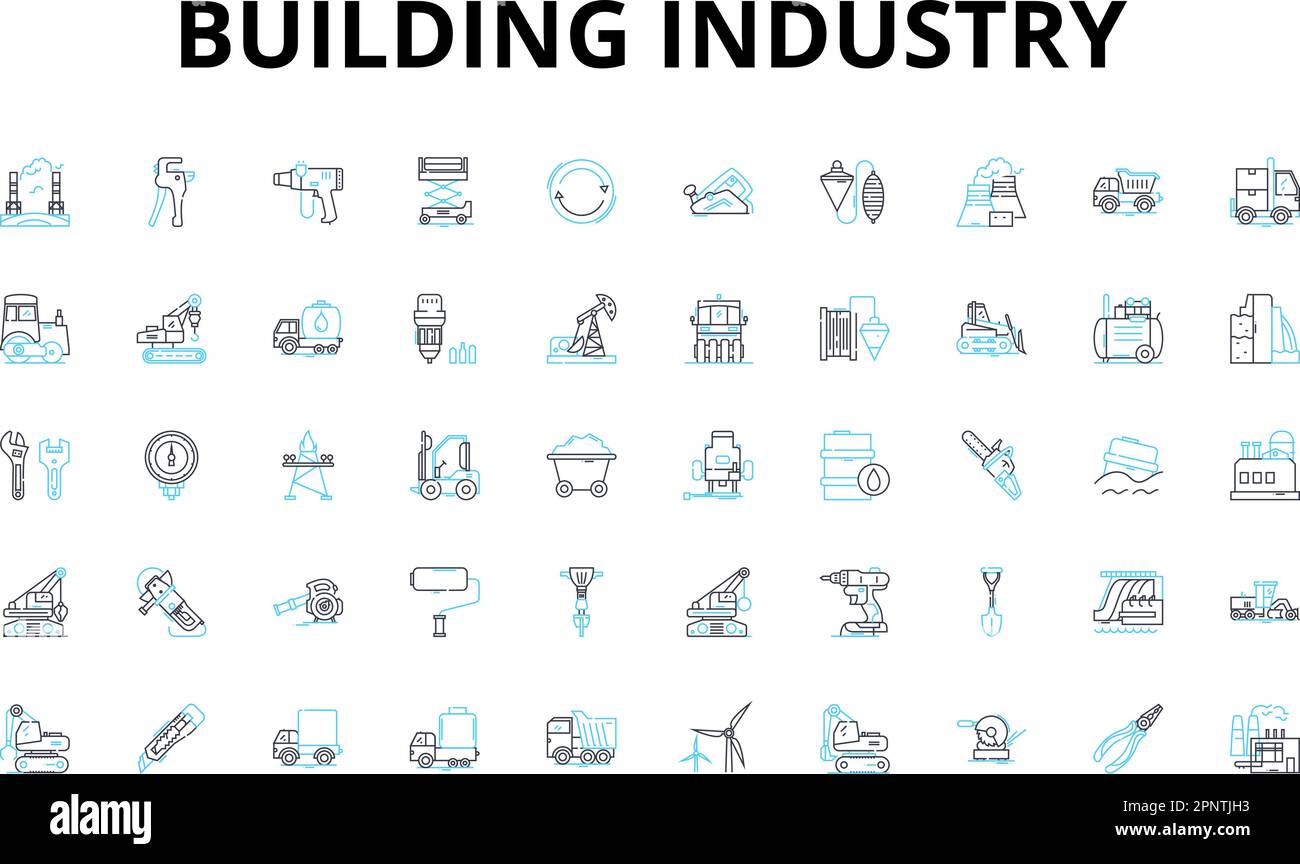 Set di icone lineari per l'industria edile. Architettura, costruzione, progettazione, progettazione, progettazione, Sviluppo, simboli vettoriali concreti e concetto di linea Illustrazione Vettoriale